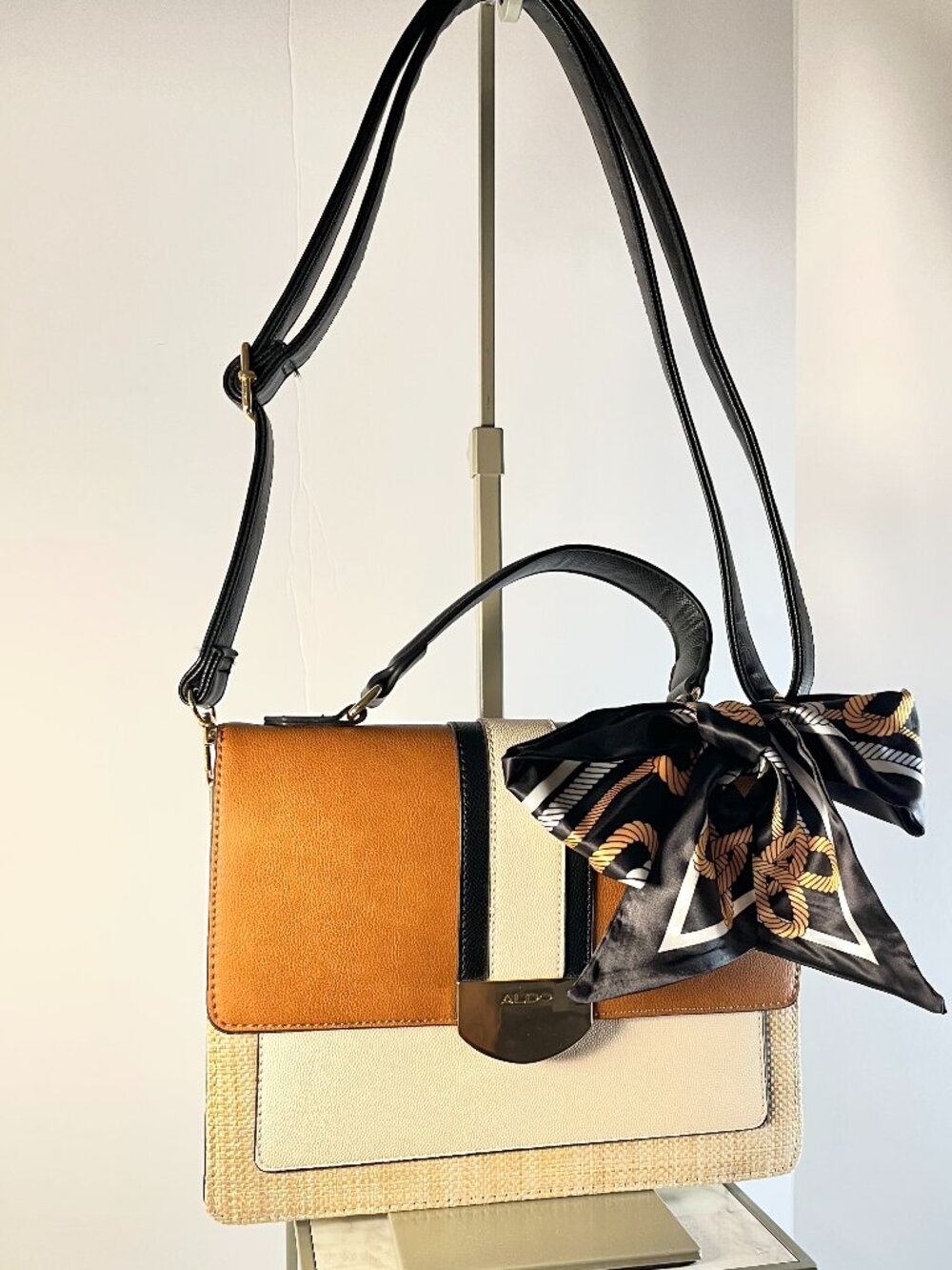 Aldo Tan & Cream Color block Satchel with Handle Scarf